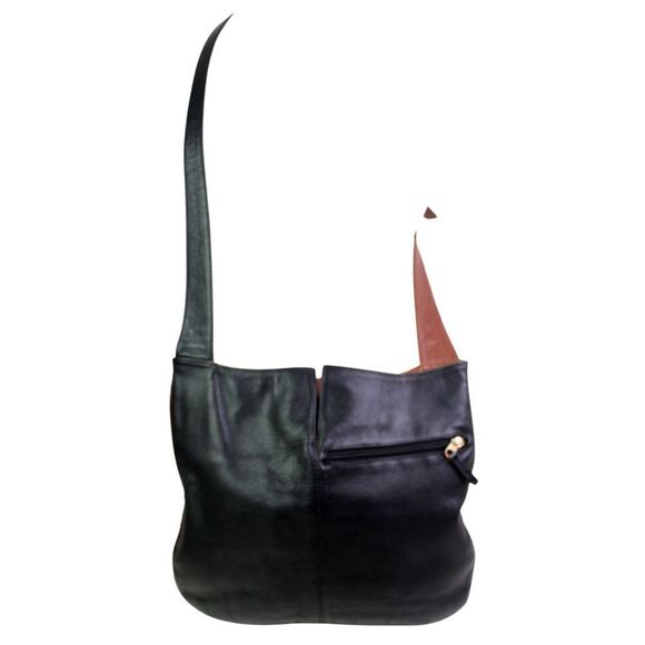 David Bag BLACK GENUINE LEATHER BROWN TRIM ORGANIZER X-BODY SHOULDER BAG HANDBAG - Picture 1 of 16